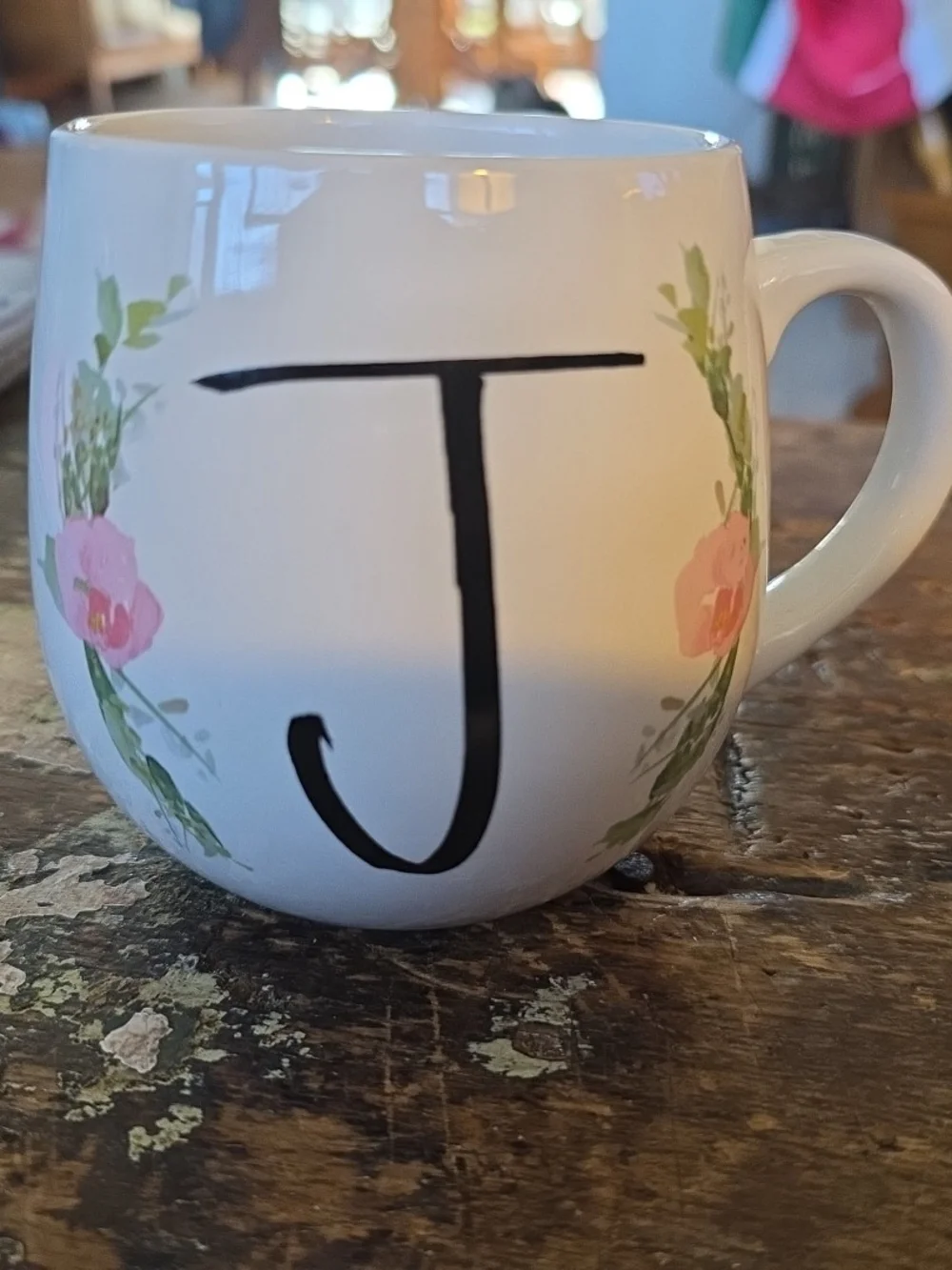 Monogram J Ceramic Coffee Mug with Pink Floral Accent